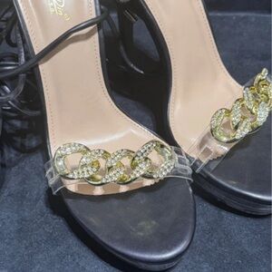 Cathy Jean Black Heeled Sandals with Gold Crystal Chain